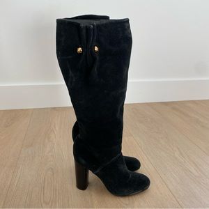 Tory Burch Black Suede Ruched Heeled Riding Boots